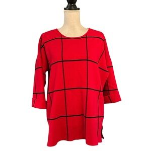 Tahari Women’s Red 3/4 Sleeve Knit Plaid Windowpane Pullover Sweater Top SZ 2X